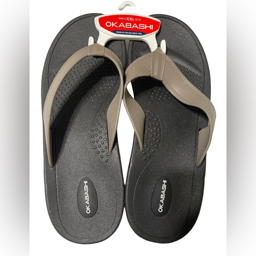 Men's Okabashi Flip Flops Black/Brown Size 12-13 XXL, Made in USA NEW